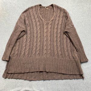 Free People Sweater Womens Medium Easy Cable V Neck Oversized Cotton Mushroom